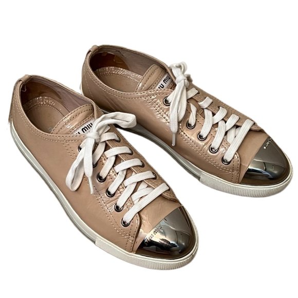 Miu Miu Tan Patent Leather Metal Cap Toe Sneakers  Size  36 (US Size 6) - Picture 1 of 15